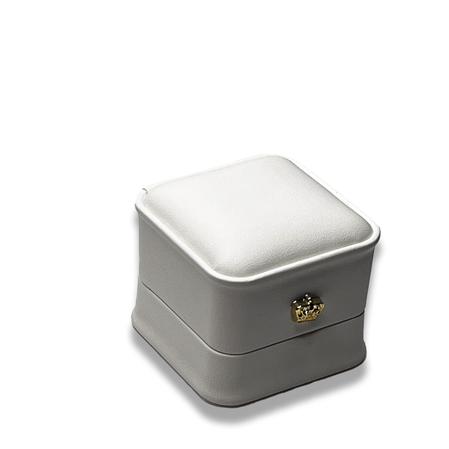 White Leatherette Ring Box - Crown Detail -  Elegant Jewelry Case
