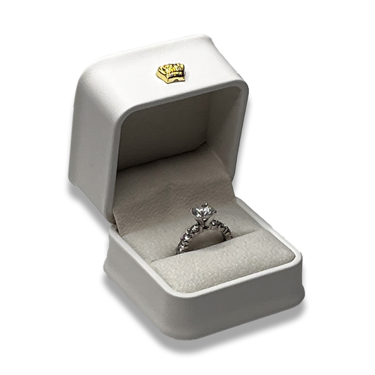 White Leatherette Ring Box - Crown Detail -  Elegant Jewelry Case